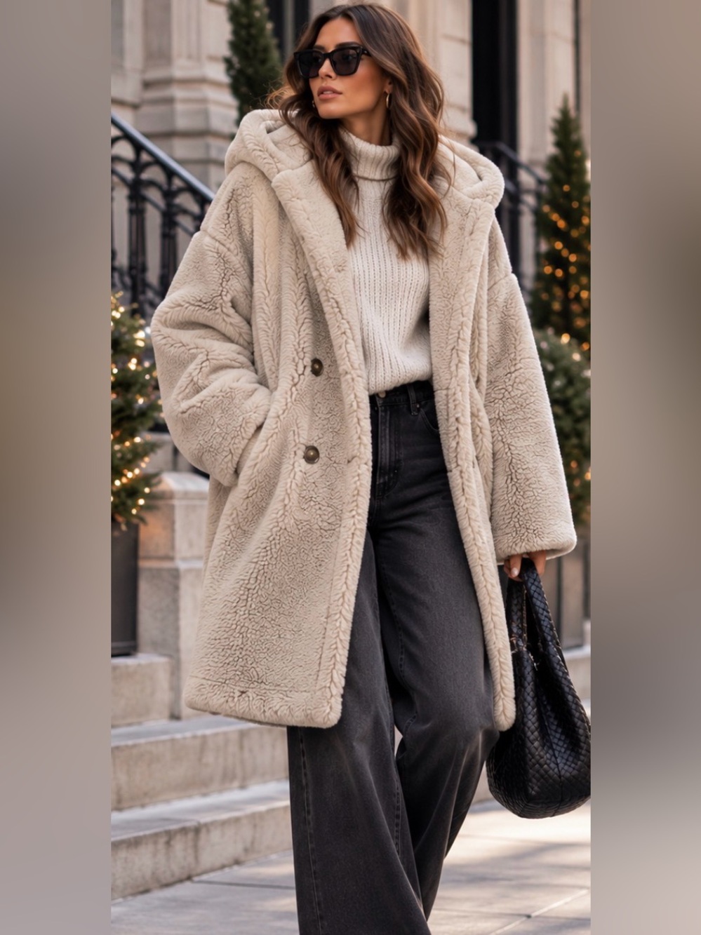 Lucky Brand Oversized Teddy Sherpa Hooded Coat Beige